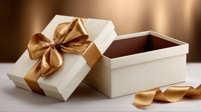 Empty beige gift box with a luxurious golden ribbon and bow, presenting a clean internal space perfect for product display or promotional content against a soft, festive background