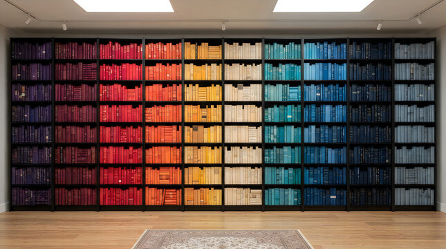 Large library bookshelf with many colorful books organized by color on dark shelves in a room