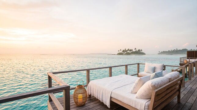 Luxury overwater bungalow terrace with daybed overlooking tropical