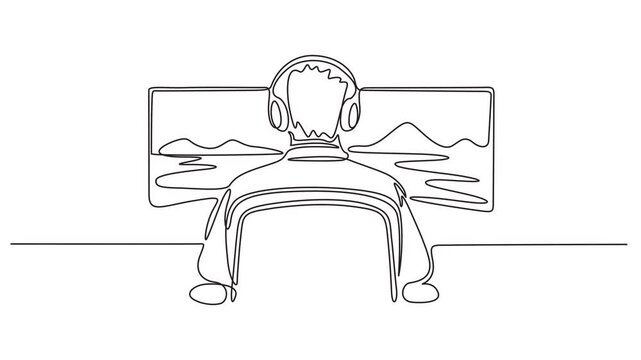 Continuous single line drawing animation of a person wearing headphones sitting in front of a computer screen gaming.
