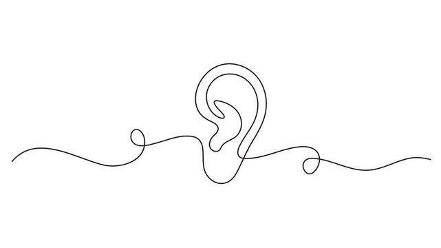 Minimalist single line art drawing animation of a human ear icon for hearing, listening, and audio concept.