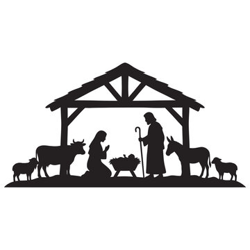 Black nativity scene vector graphic with animals and holy family