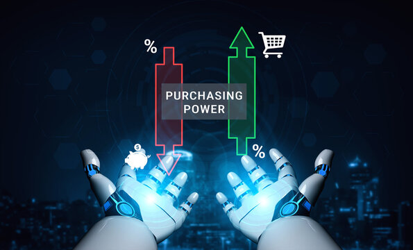 Concept of Purchasing Power with Robotic Hands, Charts, and Shopping Symbols Illustrating Consumer Behavior and Market Trends in Digital Economy Haptic.