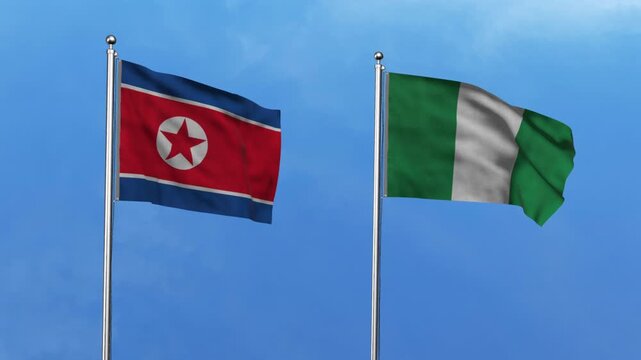 North Korea and Nigeria Waving Flags, 3D Illustration