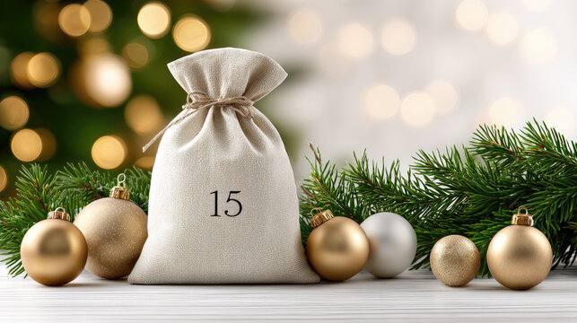 Linen gift bag with the number 15 represents a daily surprise or treat during the christmas advent calendar countdown, accompanied by festive golden ornaments and green pine branches