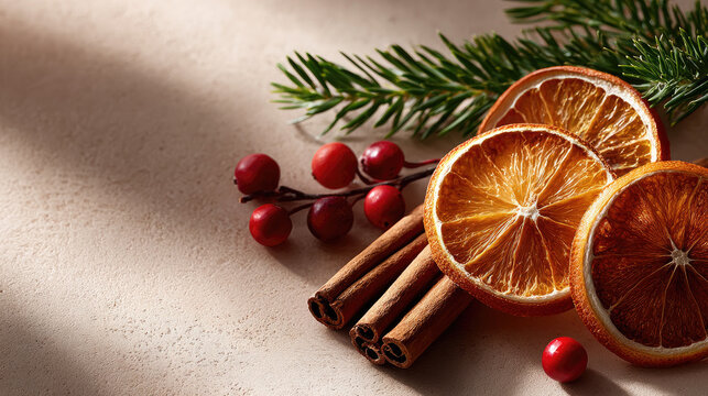 Holiday composition showcasing dried orange slices, cinnamon sticks, star anise, fir branches, and cranberries creating a festive, warm, and natural background with copy space