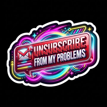 Neon glowing sticker label with unsubscribe from my problems text, humorous email notification badge illustration for digital designs