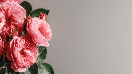 Fototapeta premium Cluster of lush pink centifolia roses and dark green leaves arranged beside wide neutral copy space, in soft natural light with balanced copy space