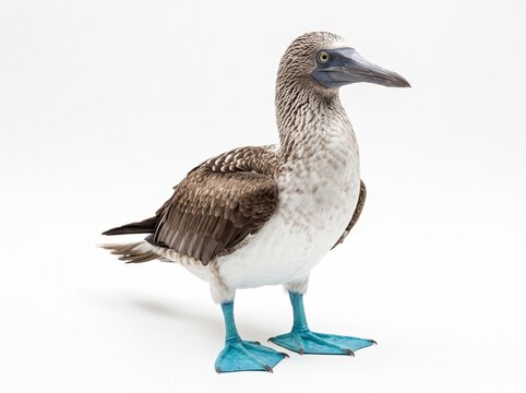 Blue-footed booby vivid blue feet isolated white background standing pose, Galapagos seabird Sula nebouxii wildlife photography