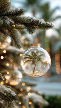 Transparent glass ornament with a vivid green palm frond hanging from a snow-dusted pine branch, symbolizing a warm tropical holiday dream amid winter festivities