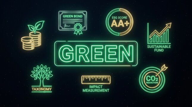 Green finance sustainable investment holographic ESG icons dark background with GREEN text and AA+ rating badge, climate finance technology innovation concept