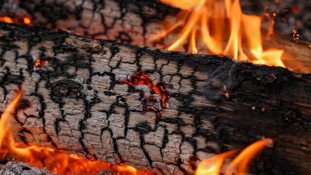 Charred log burning in a vibrant orange campfire close-up.