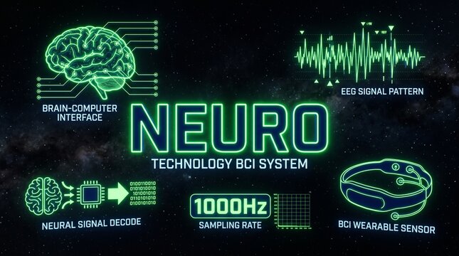 Neurotechnology brain computer interface holographic BCI icons dark background with NEURO text and signal frequency, neural interface innovation technology concept