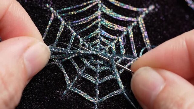Colorful metallic spiderweb embroidery close-up on black velvet fabric