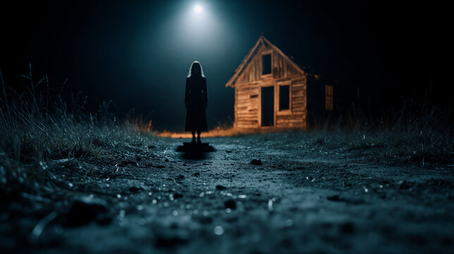 Spooky silhouette of a woman standing on a dirt path at night. Creepy abandoned wooden cabin illuminated by bright moonlight. Horror and mystery concept