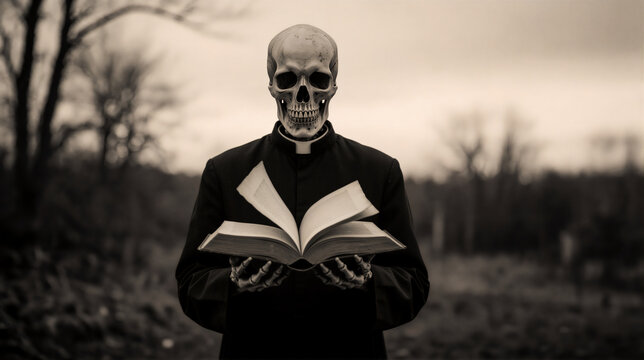 Skeleton priest holding an open book. Spooky grim reaper in black cassock reading outdoors. Halloween horror concept
