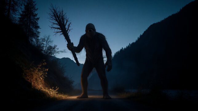 Giant hairy cyclops monster holding a tree branch on a dark mountain road. Scary mythical creature standing in the wilderness at dusk. Fantasy horror concept