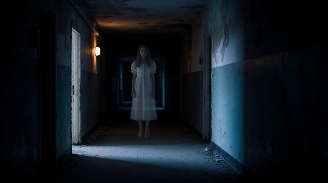 Ghostly young girl in a white dress floating in a dark abandoned hallway. Creepy supernatural entity levitating in a dilapidated haunted corridor