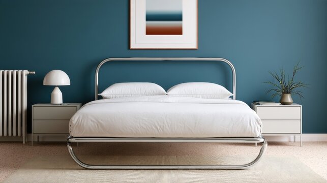 Modern minimalist bedroom with teal accent wall and chrome bed frame for interior design, catalog, poster and background use