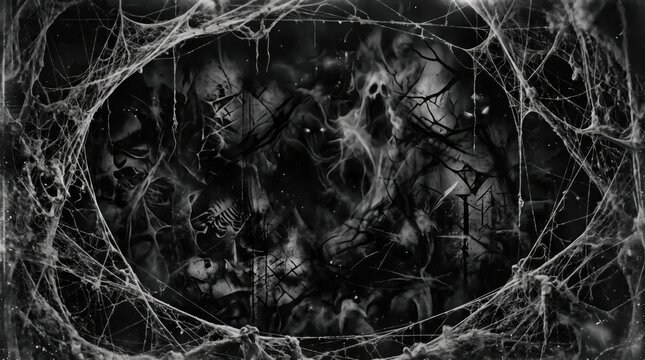 Black monochrome Halloween texture of tangled cobwebs surrounding a shadowy haunted forest opening, in soft natural light with balanced copy space