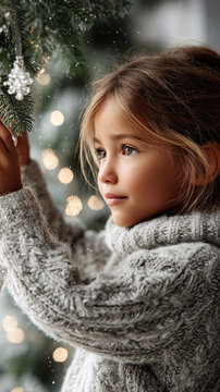 Young girl decorating christmas tree, carefully hanging a sparkling snowflake ornament, celebrating winter holiday traditions with a look of wonder and anticipation