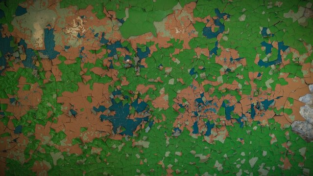 A close-up shot of peeling green and blue paint on a wall