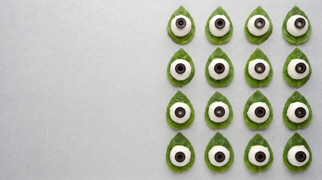 Halloween eyeball appetizers made of mozzarella and olives on basil leaves with copy space on stone surface flat lay
