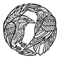 Fototapeta premium Two ravens in circular composition with ornamental linework