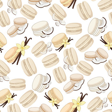 Vector seamless pattern with vanilla and coconut macarons for confectionery branding, bakery wrapping paper, and fabric print design
