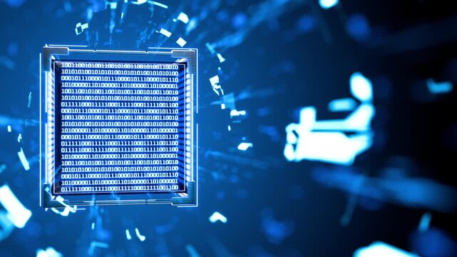 Futuristic processor displaying binary code within a glowing digital environment, symbolizing data processing, cybersecurity, artificial intelligence, cloud computing, and advanced computing technolog