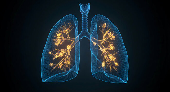 A 3D medical illustration of human lungs highlighting the bronchial tree and alveoli inside a wireframe lung structure.
