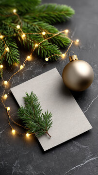 Blank card and kraft envelope resting on a dark background surrounded by pine branches, golden ornaments, and twinkling string lights, creating an elegant holiday concept