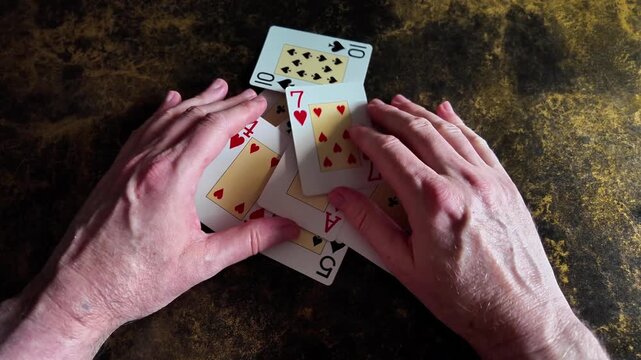 Hands gathering scattered playing cards