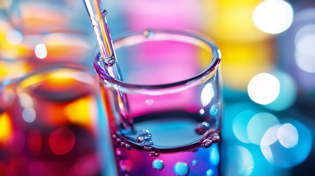In a bright laboratory filled with colorful solutions, a dropper
