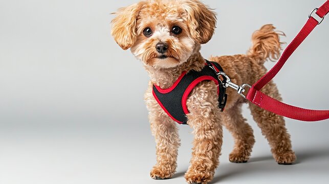 A cute small dog models a fashionable red and black leash and
