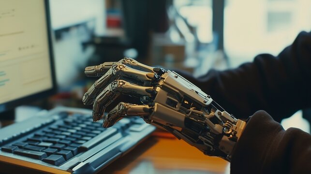 An office worker is engaged in typing tasks, showcasing a bionic