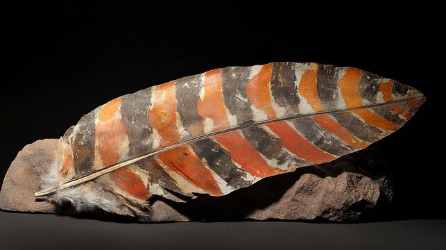 A wild turkey feather rests gracefully on smooth stone, displaying