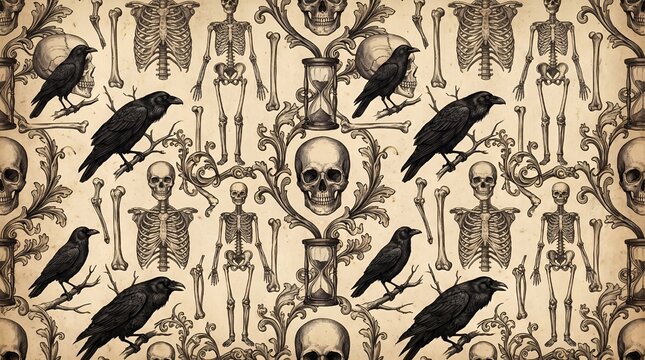 Vintage-inspired seamless Halloween pattern featuring skeletons, skulls, and black birds arranged with intricate decorative motifs on a warm beige background, creating an atmospheric gothic surface de
