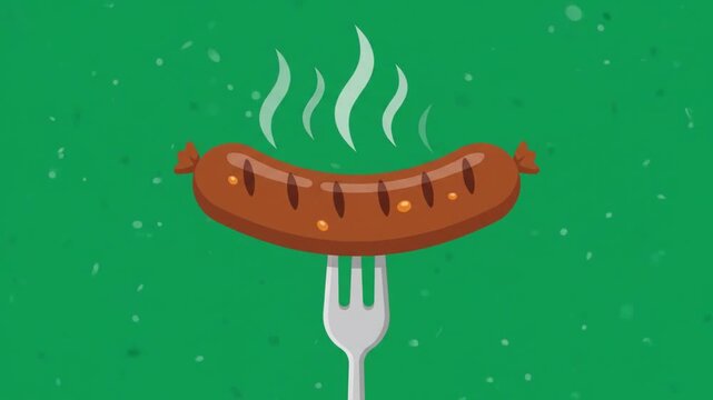 Hot Sausage on Fork with Steam on Green Background.