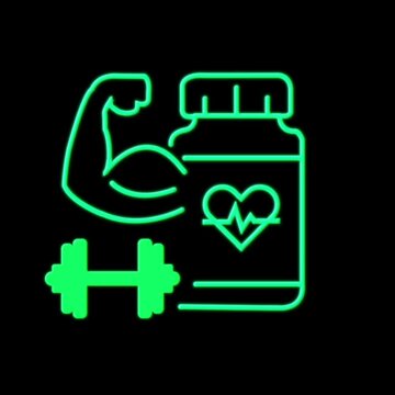 Glowing green neon fitness, muscle building, and protein supplement icon animation on a dark background.