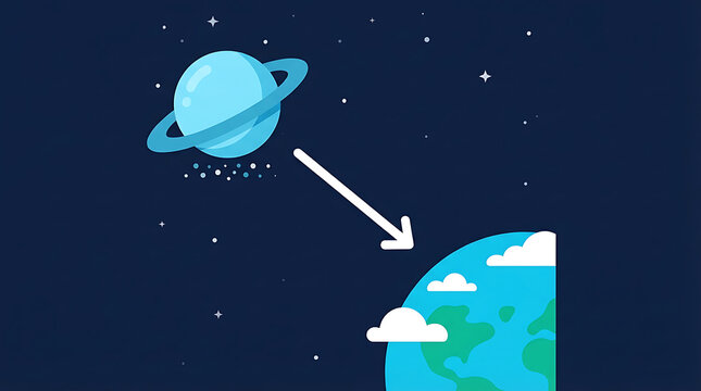 Arrow pointing from a ringed planet to Earth in a flat vector style