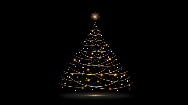 Minimalist christmas tree in sleek black and gold: dark conical lines with a spiraling golden light garland and glowing spherical ornaments on a deep black background