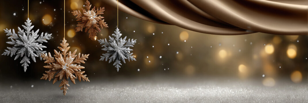 Elegant golden and silver snowflake ornaments hanging from frosted fir branches, sparkling glitter and soft bokeh lights create a luxurious festive winter holiday backdrop