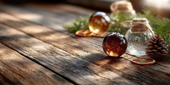 Round glass bottles and natural elements creating a warm, cozy festive atmosphere, with pine cones, dried oranges, and fir branches arranged on a textured wooden background