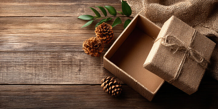 Empty open gift box and burlap wrapped present resting on a rustic wooden table with festive pine cones and green branches, providing ample copy space for holiday designs