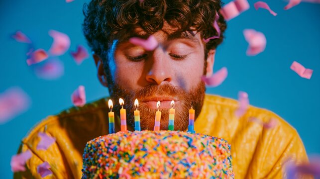 A young man with a beard blows out candles on a sprinkles covered cake during an evening party as colorful confetti falls all around his face