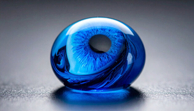 Glowing dark blue glass evil eye amulet with intricate detailed iris pattern, resting on a sleek dark surface with soft reflections. Traditional cultural symbol of protection and good luck.