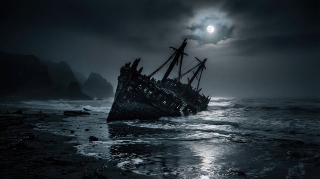 Abandoned shipwreck resting on a dark sandy beach under a full moon at night with abandoned ship