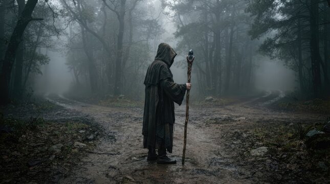 Mysterious figure in a hooded cloak standing on a path in a foggy autumn forest with cloaked figure
