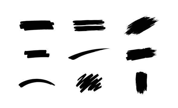 Set of brush stroke marks and highlighter strokes for design, graphic resources